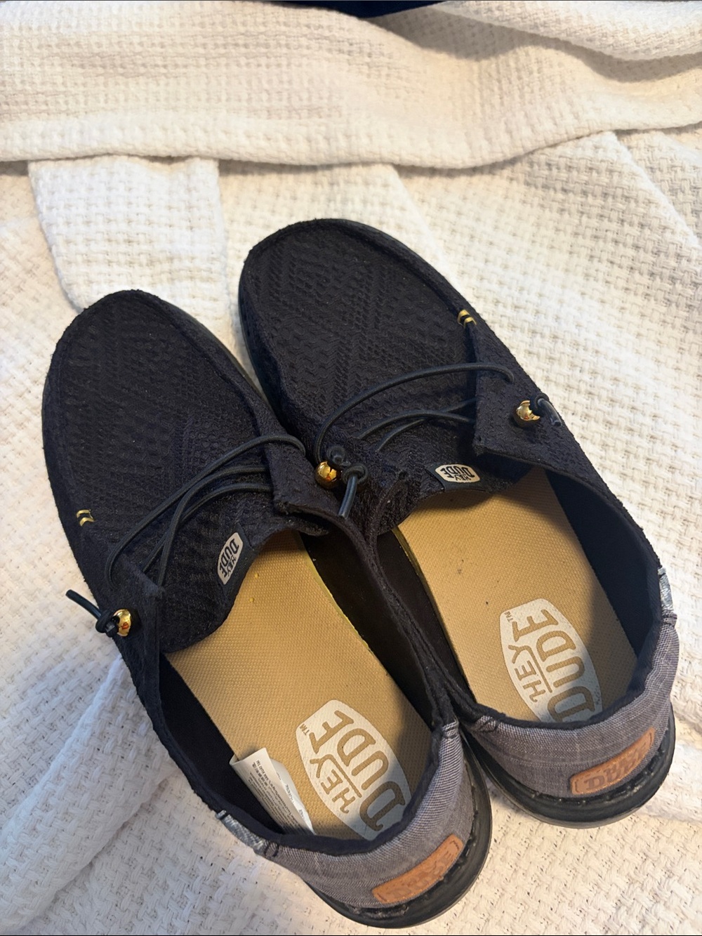 Hey Dude Black Woven Slip-On Loafers with Gold Accents